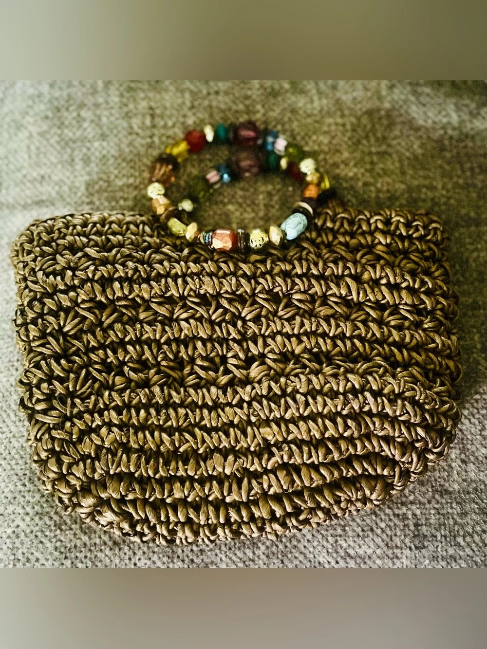 CAPELLI vintage Handwoven Brown Straw Tote with Colorful Beaded Handles